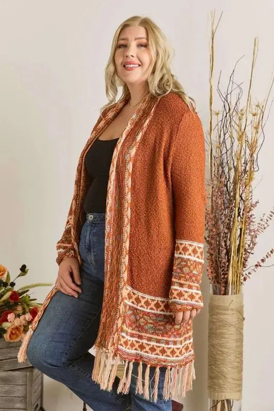ADORA Full Size Fringe Hem Aztec Border Cardigan Plus Size - Love Salve